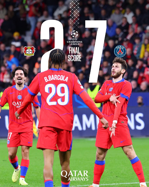 欧冠：巴黎7-2勒沃库森 杜埃双响 登贝莱破门